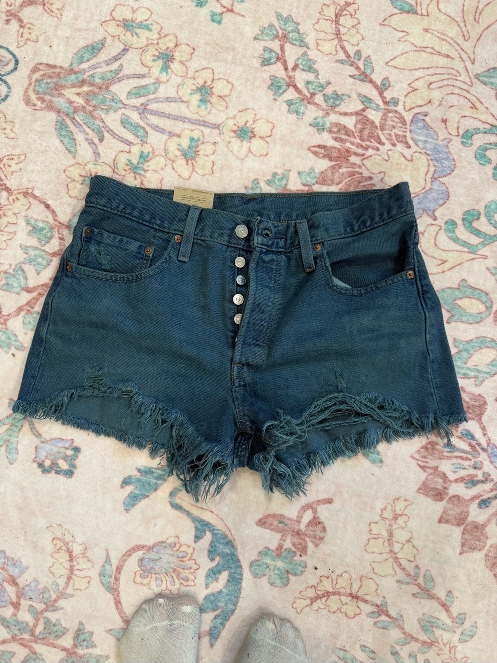 Levi's Dark Blue Distressed Frayed Hem Denim Shorts